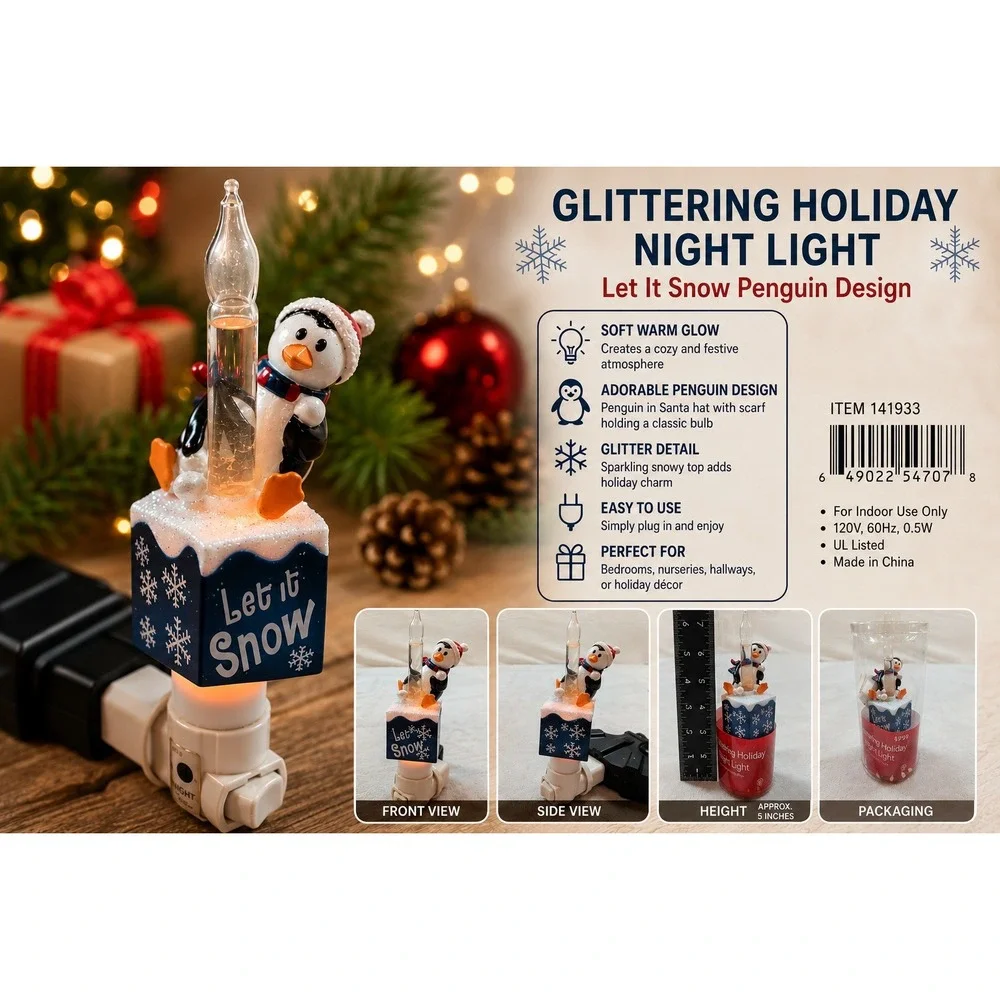 Glittering Holiday Night Light Penguin Bubble Light Let It Snow Christmas 141933